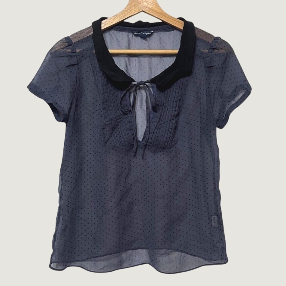 Twee Indie Sheer Swiss Dot Blue Blouse Peter Pan Collar American Eagle Small